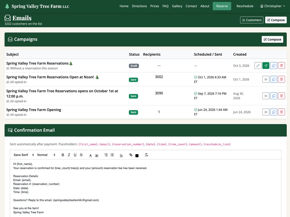 Email campaigns page with confirmation email template